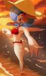  1girl absurdres ass beach between_breasts bikini blue_hair blush breasts full_body gardevoir gen_3_pokemon hair_over_one_eye hat highres looking_at_viewer ocean open_mouth orange_eyes orange_sky outstretched_arm pokemon pov reaching_out red_bikini sky smile solo standing sunset swimsuit white_skin 