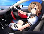  absurdres between_breasts black_skirt blue_eyes blue_sky breasts car_interior driving highres kantai_collection large_breasts light_brown_hair looking_at_viewer miniskirt over-kneehighs pov safety_belt school_uniform serafuku skirt sky smile teruzuki_(kantai_collection) thigh-highs two-tone_gloves user_jkkd3438 white_legwear 