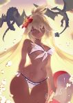  1girl bikini breasts dark_skin dragon flower granblue_fantasy hair_flower hair_ornament hibiscus innertube lifebuoy long_hair medium_breasts navel platinum_blonde_hair red_eyes solo solo_focus sumaki_shungo swimsuit twitter_username white_bikini zooey_(granblue_fantasy) 