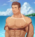  1boy abs bara beach bondage_outfit brown_hair chest day facial_hair fire halo highres looking_at_viewer male_focus manly muscle nipples ohutongoro one_eye_closed outdoors pectorals shirtless solo stubble sweatdrop tan tanline thighs tokyo_houkago_summoners yellow_eyes zabaniya_(tokyo_houkago_summoners) 