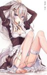 1girl 9a-91_(girls_frontline) absurdres blue_eyes blush breasts dress eyebrows_visible_through_hair girls_frontline grey_hair hair_between_eyes hair_ornament hand_in_hair highres long_hair looking_at_viewer maid maid_dress no_shoes panties ponytail sitting sitting_on_floor small_breasts so_myeolchi solo star_(symbol) star_hair_ornament thigh-highs underwear white_background white_legwear 
