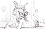  1girl animal_on_head barefoot blush bosako_(haguhagu) braid feet_up french_braid from_side haguhagu_(rinjuu_circus) hair_bun horns iguana_(animal) lying nose_blush on_head on_stomach original parted_lips shirt shorts 