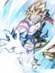  1boy blonde_hair blood blood_on_face bruise_on_face commentary_request dragon_ball highres male_focus mattari_illust muscle open_mouth solo son_gokuu spiky_hair super_saiyan super_saiyan_1 torn_clothes v-shaped_eyebrows 