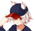  1girl alternate_costume animal_ear_fluff animal_ears black_headwear black_shirt collarbone contemporary gozenjuziame hat holding holding_clothes holding_hat inubashiri_momiji looking_at_viewer red_eyes shirt shoes simple_background smile solo tail touhou white_background white_hair wolf_ears wolf_girl 