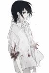  1girl black_hair blood bloody_clothes breasts chainsaw_man ebanoniwa grenade_pin grey_eyes hair_down highres legs looking_away medium_hair naked_shirt reze_(chainsaw_man) shirt short_sleeves small_breasts solo torn_clothes torn_shirt white_background white_shirt 