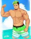  1boy abs bara black_hair bulge chest facial_hair goatee green_eyes highres male_focus male_swimwear multicolored_hair muscle nipples pectorals shirtless short_hair smile solo swim_trunks swimwear taurus_mask tokyo_houkago_summoners upper_body zifuuuun 