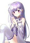  1girl :o absurdres bangs bare_shoulders blunt_bangs blush braid breasts commentary_request detached_sleeves dress emilia_(re:zero) eyebrows_visible_through_hair flower french_braid hair_flower hair_ornament hair_ribbon hands_up highres knee_up large_breasts lavender_hair long_hair looking_at_viewer medium_breasts miniskirt own_hands_together parted_lips pleated_skirt pointy_ears purple_ribbon re:zero_kara_hajimeru_isekai_seikatsu ribbon silver_hair simple_background sitting skirt solo thigh-highs violet_eyes white_background white_dress white_legwear x_hair_ornament yeoru 