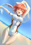  1girl :d absurdres arm_strap arm_up armpits ass_visible_through_thighs bangs beach blue_ribbon blue_sky bracelet breasts brown_eyes casual_one-piece_swimsuit covered_nipples day deekei dutch_angle erect_nipples eyebrows_visible_through_hair fire_emblem fire_emblem_fates hair_between_eyes highleg highleg_swimsuit highres hinoka_(fire_emblem) jewelry medium_breasts one-piece_swimsuit open_mouth outdoors outstretched_arm redhead ribbon shiny shiny_hair short_hair sky smile solo standing swimsuit thigh_gap white_swimsuit 
