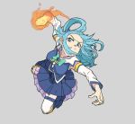  1girl aqua_(konosuba) blue_eyes blue_footwear blue_hair clenched_hand closed_mouth covered_nipples detached_sleeves fingernails fire green_neckwear grey_background kono_subarashii_sekai_ni_shukufuku_wo! long_hair punching see-through shima_(landsuzume) simple_background solo thigh-highs white_legwear 