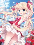 1girl blonde_hair blue_eyes blush candy_hair_ornament clouds column fang floating_hair flower food_themed_hair_ornament frilled_skirt frills hair_ornament hair_ribbon holding holding_hair kimishima_ao long_hair looking_at_viewer open_mouth original pillar red_ribbon ribbon skin_fang skirt sky solo star_(symbol) star_hair_ornament striped striped_ribbon twintails twisted_torso very_long_hair white_skirt 