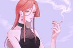 1girl blue_background cigarette docaster earrings highres holding holding_cigarette jewelry looking_at_viewer orange_hair original red_lips sleeveless smoking solo yellow_eyes 