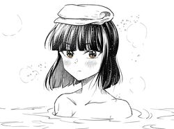  1girl absurdres bangs bathing furo_girl! highres kudou_makoto looking_at_viewer monochrome oyumino_sayoko short_hair solo spot_color towel towel_on_head yellow_eyes 