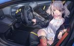  1girl absurdres bangs blue_eyes breasts bubble_blowing car_interior chewing_gum commentary_request dress hair_ornament hairclip highres holding kaguya_luna koh_(minagi_kou) lamborghini long_sleeves medium_hair multicolored multicolored_clothes multicolored_legwear silver_hair sitting sleeves_past_wrists solo steering_wheel the_moon_studio thigh-highs twintails virtual_youtuber watch watch 