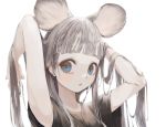  1girl :o absurdres animal_ears bangs black_shirt close-up grey_hair hands_in_hair highres looking_to_the_side mile_(mil2) mouse_ears mouse_girl open_mouth original shirt solo white_background 