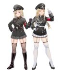  2girls absurdres armband belt black_footwear black_gloves black_headwear blonde_hair boots commission dagger full_body garter_straps gloves hat high_heels highres knife long_hair long_sleeves microskirt military military_uniform multiple_girls nazi original peaked_cap pleated_skirt red_eyes short_hair skirt standing swastika thigh-highs thighhighs_under_boots unicron_(brous) uniform weapon white_belt white_gloves white_legwear white_skirt world_war_ii 