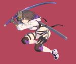  1girl absurdres bangs breasts brown_hair double-breasted highres holding holding_sword holding_weapon hood hoodie katana knee_pads looking_at_viewer mask mask_on_head mechanical_arms nagisa_kurousagi navel original red_background sheath short_hair simple_background solo sword weapon yellow_eyes 