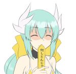  1girl ^_^ bangs bikini black_collar bow closed_eyes closed_mouth collar detached_collar dragon_horns eyebrows_visible_through_hair fate/grand_order fate_(series) green_hair hair_between_eyes hair_bow hand_up holding horns iseshi kiyohime_(fate/grand_order) kiyohime_(swimsuit_lancer)_(fate) long_hair shaded_face simple_background smile solo swimsuit white_background wing_collar yellow_bikini yellow_bow 