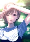  1girl arm_up bangs blue_shirt blurry blurry_background brown_eyes brown_hair closed_mouth english_commentary eyebrows_visible_through_hair fingers_together hair_behind_ear highres looking_at_viewer one_eye_closed original shirt short_hair short_sleeves sone_(takahiro-osone) tank_top 