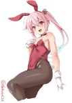  1girl animal_ears black_leotard blush breasts bunny_girl bunny_tail bunnysuit cowboy_shot ebifurya gloves gradient_hair hair_flaps harusame_(kantai_collection) highres kantai_collection leotard multicolored_hair open_mouth pink_hair rabbit_ears red_eyes ribbon side_ponytail small_breasts smile tail twitter_username white_background white_gloves 