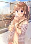  1girl bangs beige_sweater blurry blurry_background blush bow breath brown_hair day eyebrows_visible_through_hair fringe_trim hair_bow highres long_hair long_sleeves looking_at_viewer open_mouth original outdoors own_hands_together pechi_(peeechika) pink_bow railing shawl solo sweater turtleneck turtleneck_sweater upper_body violet_eyes 