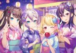  4girls bangs blonde_hair blue_bow blue_eyes blue_kimono blush booth bow braid breasts brown_hair candy_apple closed_mouth commentary_request floral_print flower food hair_between_eyes hair_flower hair_ornament hand_up hands_up highres holding holding_another&#039;s_hair holding_food ichinose_uruha japanese_clothes kaga_nazuna kaga_sumire kimono kogara_toto long_hair long_sleeves looking_at_viewer lupinus_virtual_games medium_hair mole mole_under_eye multiple_girls night obi official_art one_eye_closed open_mouth pink_bow pink_flower pink_kimono ponytail print_kimono purple_flower purple_hair red_eyes red_flower ringozaka_mariko sash short_hair silver_hair small_breasts smile twin_braids two-tone_bow upper_body v violet_eyes virtual_youtuber w wide_sleeves yukata 
