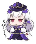  1girl chibi dress eating fire_emblem fire_emblem:_three_houses fire_emblem_heroes food food_on_face fur_trim hair_ornament hat holding long_hair lysithea_von_ordelia omwork03 pink_eyes simple_background solo white_background white_hair 