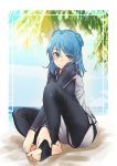  1girl absurdres alternate_costume bangs barefoot beach black_legwear blue_eyes blue_hair blush crossed_arms eyebrows_visible_through_hair full_body hands_on_feet highres kantai_collection kumanoko looking_at_viewer medium_hair pants sand sitting smile solo stirrup_legwear sunlight toeless_legwear track_pants tree urakaze_(kantai_collection) 