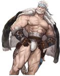  1boy abs bara beard blonde_hair bulge chest collarbone facial_hair fundoshi granblue_fantasy hands_on_hips jacket jacket_on_shoulders jang_ju_hyeon japanese_clothes male_focus muscle mustache nipples pectorals scar short_hair sketch solo soriz thick_thighs thighs upper_body 