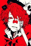 1boy 3kuma animal_hat bandaid bandaid_on_nose cane cat_hat coat empty_eyes facial_scar flag fukase hat highres male_focus parted_lips red_background red_eyes red_neckwear redhead scar vocaloid white_coat x 