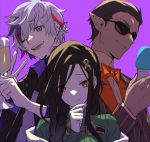  1girl 2boys black_hair black_jacket blush bow bowtie braid closed_mouth collared_shirt commentary_request cup dark_skin dark_skinned_male elf from_side fuwa_minato glasses green_sweater gwelu_os_gar hair_ornament hairclip hand_on_own_chin highres holding holding_cup jacket long_hair looking_at_viewer messy_hair multicolored_hair multiple_boys namakawa nijisanji open_mouth orange_eyes pointy_ears purple_background redhead ribbed_sweater shirayuki_tomoe shirt short_hair simple_background sketch smile streaked_hair sunglasses sweater turtleneck upper_body virtual_youtuber white_hair 