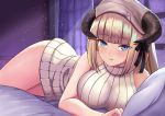  1girl arknights bangs bare_shoulders blonde_hair blue_eyes blunt_bangs breasts curtains dress headdress horns large_breasts looking_at_viewer lunarscent nightingale_(arknights) on_bed pillow ribbed_dress sarkaz smile solo window 