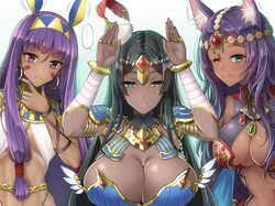  3girls animal_ears bandaged_arm bandages bangs blush breasts dark_skin earrings eyebrows_visible_through_hair facial_mark fate/grand_order fate_(series) hairband highres jewelry large_breasts long_hair looking_at_viewer multiple_girls nitocris_(fate/grand_order) one_eye_closed purple_hair queen_of_sheba_(fate/grand_order) scheherazade_(fate/grand_order) simple_background smile violet_eyes youshuu 