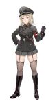  1girl absurdres armband black_footwear black_gloves black_headwear blonde_hair boots commission full_body garter_straps gloves hat highres long_sleeves microskirt military military_uniform nazi original peaked_cap pleated_skirt red_eyes short_hair skirt solo standing swastika thigh-highs thighhighs_under_boots unicron_(brous) uniform world_war_ii 