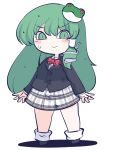  1girl black_footwear black_jacket blush_stickers closed_mouth collared_shirt fried_rice0614 frog_hair_ornament full_body green_eyes green_hair hair_between_eyes hair_ornament hair_tubes highres jacket kochiya_sanae long_hair long_sleeves neck_ribbon one-hour_drawing_challenge plaid plaid_skirt red_ribbon ribbon shirt shoes skirt snake_hair_ornament solo touhou white_shirt 