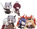  5girls anger_vein angry animal_ears arknights bangs beret black_dress black_gloves black_headwear black_jacket blue_hair ch&#039;en_(arknights) character_request closed_mouth commentary_request creepy_himecchi detached_wings dragon_horns dress drill_hair expressionless exusiai_(arknights) eyebrows_visible_through_hair fingerless_gloves fire gloves green_eyes gun hair_between_eyes hair_over_one_eye halo hat highres holding holding_gun holding_sword holding_weapon horns jacket kriss_vector long_hair long_sleeves multiple_girls necktie open_mouth orange_hair orange_neckwear pointing red_eyes redhead reunion_logo_(arknights) shirt short_hair sidelocks simple_background submachine_gun swire_(arknights) sword talulah_(arknights) upper_body weapon white_background white_jacket white_shirt wings 