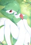  1girl absurdres breasts crotch day from_above gardevoir gen_3_pokemon grass green_hair hair_over_one_eye highres looking_at_viewer lying medium_breasts on_back open_mouth outdoors pokemon pokemon_(creature) red_eyes short_hair totallyiryanic white_skin 