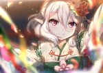  arms_up commentary eyebrows_visible_through_hair floral_print flower hair_between_eyes hair_flower hair_ornament highres japanese_clothes kimono kokkoro_(princess_connect!) light_blush long_sleeves looking_at_viewer petals pointy_ears princess_connect! princess_connect!_re:dive short_hair silver_hair smile upper_body violet_eyes xin_(zinc) 