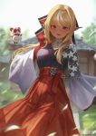  1girl artist_name bangs blonde_hair blurry blurry_background blush commentary dark_skin day eyelashes gloves hair_ornament hand_up highres hololive japanese_clothes long_hair looking_at_viewer open_mouth outdoors pointy_ears red_eyes red_gloves shiranui_flare smile teeth upper_teeth virtual_youtuber white_hair wide_sleeves zeradok 