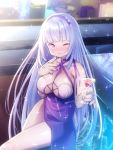  1girl ;) azur_lane bangs bare_arms blunt_bangs blush breasts closed_mouth cup dido_(anxious_bisque_doll)_(azur_lane) dido_(azur_lane) drinking_glass eyebrows_visible_through_hair hairband heart holding large_breasts lavender_hair long_hair looking_at_viewer nanaken_nana nose_blush one_eye_closed open_mouth purple_hairband side_slit sidelocks smile solo sparkle very_long_hair violet_eyes wine_glass 