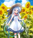  1girl bangs blue_eyes blurry blurry_background blush brown_headwear clouds commentary_request day dress eyebrows_visible_through_hair flower hat hibiki_(kantai_collection) highres hizuki_yayoi holding holding_hose hose kantai_collection long_hair open_mouth outdoors rainbow silver_hair sky solo sun_hat sunflower water white_dress yellow_flower 