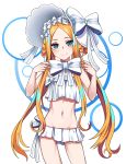  1girl abigail_williams_(fate/grand_order) abigail_williams_(swimsuit_foreigner)_(fate) absurdres bangs bare_shoulders bikini blonde_hair blue_eyes blush bonnet bow braid breasts closed_mouth fate/grand_order fate_(series) forehead hair_bow hair_rings highres long_hair looking_at_viewer miniskirt navel parted_bangs sidelocks skirt small_breasts smile swimsuit thighs twin_braids twintails tyureu very_long_hair white_background white_bikini white_bow white_headwear 