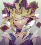  1boy atem black_hair blonde_hair blue_jacket bracelet card chain choker collarbone dark_magician face fingernails gradient gradient_background holding holding_card jacket jacket_on_shoulders jewelry multicolored multicolored_hair mutou_yuugi necklace one_eye_closed parted_lips purple_choker purple_hair smile solo teeth upper_body violet_eyes wenz yuu-gi-ou 