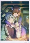  1boy 1girl absurdres animal_ears arms_around_neck bottomless brown_hair couple cowboy_shot craft_lawrence feathers hetero highres holding holding_feather holo hug hug_from_behind indoors koume_keito leaning_forward long_hair long_sleeves naked_shirt official_art page_number purple_shirt scan shiny shiny_hair shirt silver_hair sitting spice_and_wolf straight_hair tail very_long_hair white_shirt wolf_ears wolf_tail writing 