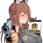  1girl absurdres animal_ear_fluff animal_ears arknights bangs blush breasts brown_eyes brown_gloves brown_hair commentary english_commentary eyebrows_visible_through_hair fox_ears franka_(arknights) gloves grey_shirt gun half-closed_eyes handgun highres holding holding_gun holding_weapon krirk large_breasts long_hair looking_at_viewer meme pistol shirt simple_background single_glove smile solo upper_body weapon white_background 