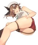  1girl :d ass atelier_(series) atelier_ryza atelier_ryza_2 bare_arms bare_shoulders beret black_legwear braid breasts brown_eyes brown_hair earrings fang hair_ornament hat jewelry key kildir looking_at_viewer medium_breasts micro_shorts open_mouth red_shorts reisalin_stout shirt shorts simple_background single_thighhigh sleeveless sleeveless_shirt smile solo thigh-highs thigh_strap thighs white_background white_headwear white_shirt 