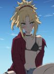  1girl bangs black_bra blonde_hair blue_shorts blue_sky blush bra braid breasts choker closed_mouth denim denim_shorts fang fate/apocrypha fate_(series) french_braid green_eyes hair_ornament hair_scrunchie highres long_hair long_sleeves looking_at_viewer mordred_(fate) mordred_(fate)_(all) navel open_clothes open_shirt parted_bangs ponytail red_scrunchie red_shirt scrunchie shirt short_shorts shorts sidelocks sky small_breasts tonee underwear 