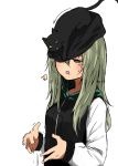  +_- 1girl absurdres animal_on_head bangs beanie black_cat cat dropping green_eyes green_hair hair_between_eyes hat highres hood hood_down hoodie kamatama kuso_zako_choroin_nishiga_hachi long_hair on_head one_eye_covered open_mouth saiba_mirai simple_background standing surprised white_background 