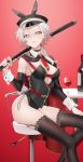  1girl absurdres alcohol azur_lane bangs bare_shoulders black_cape black_headwear black_legwear black_leotard bottle breasts cape cup detached_sleeves drinking_glass hair_between_eyes highres holding kinu_(azur_lane) leotard looking_at_viewer medium_breasts ohisashiburi over_shoulder red_cape short_hair sitting smile solo sword thigh-highs two-tone_cape weapon weapon_over_shoulder wine wine_bottle wine_glass 