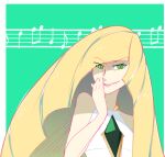  1girl blonde_hair covering_mouth diamond_(shape) dress evil_grin evil_smile eyebrows_visible_through_hair gem green_background grin hand_over_own_mouth hand_up long_hair looking_at_viewer lusamine_(pokemon) musical_note pokemon pokemon_(game) pokemon_sm shaded_face sleeveless sleeveless_dress smile upper_body vergolophus very_long_hair 