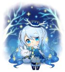  1girl asagao_minoru beamed_eighth_notes blue_dress blue_eyes chibi commentary dress eighth_note fur-trimmed_dress fur-trimmed_hood fur_trim hatsune_miku hood illumination light_blue_hair long_hair looking_at_viewer musical_note musical_note_hair_ornament night rabbit sitting smile snowflake_print star_(sky) star_ornament tree twintails very_long_hair vocaloid yuki_miku 